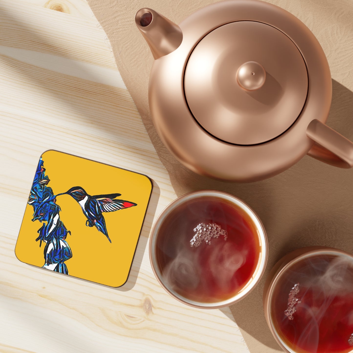 Hummingbird Blue Stick Yellow Hardboard Back Coaster