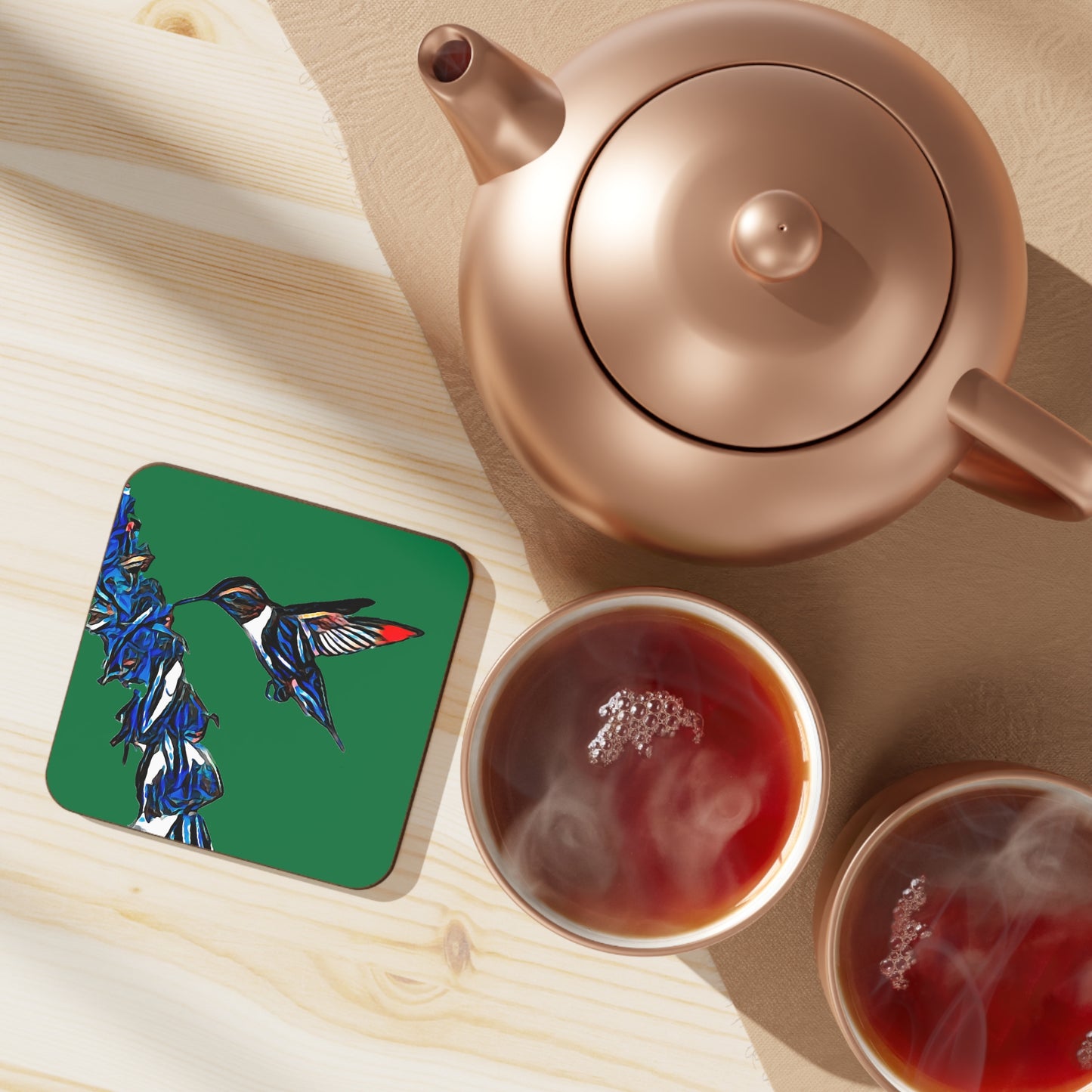 Hummingbird Blue Stick Yellow Hardboard Back Coaster
