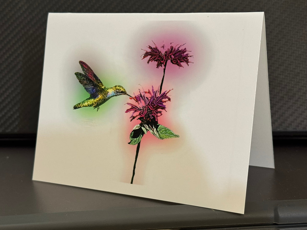 Ruby-throated hummingbird feeding at bee balm on a painterly note card