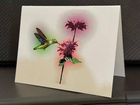 Ruby-throated hummingbird feeding at bee balm on a painterly note card