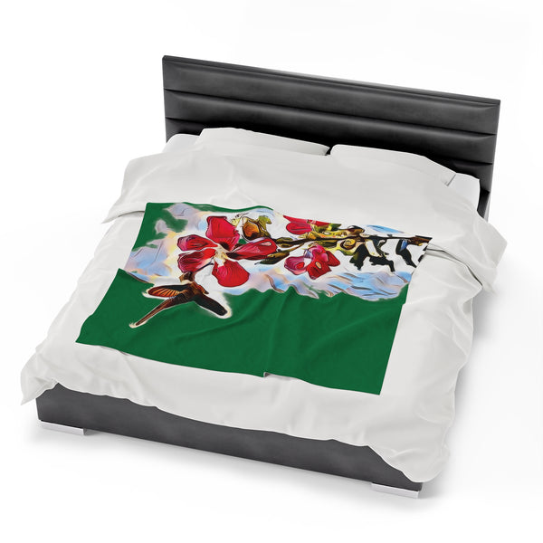 Hummingbird Red Rosa Green Velveteen Plush Blanket