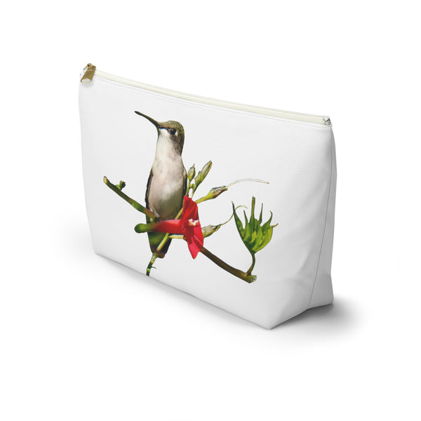 Hummingbird Red Bloom White Accessory Pouch w T-bottom