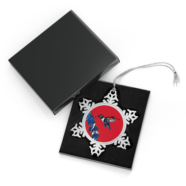 Hummingbird Blue Stick Pewter Red Snowflake Ornament