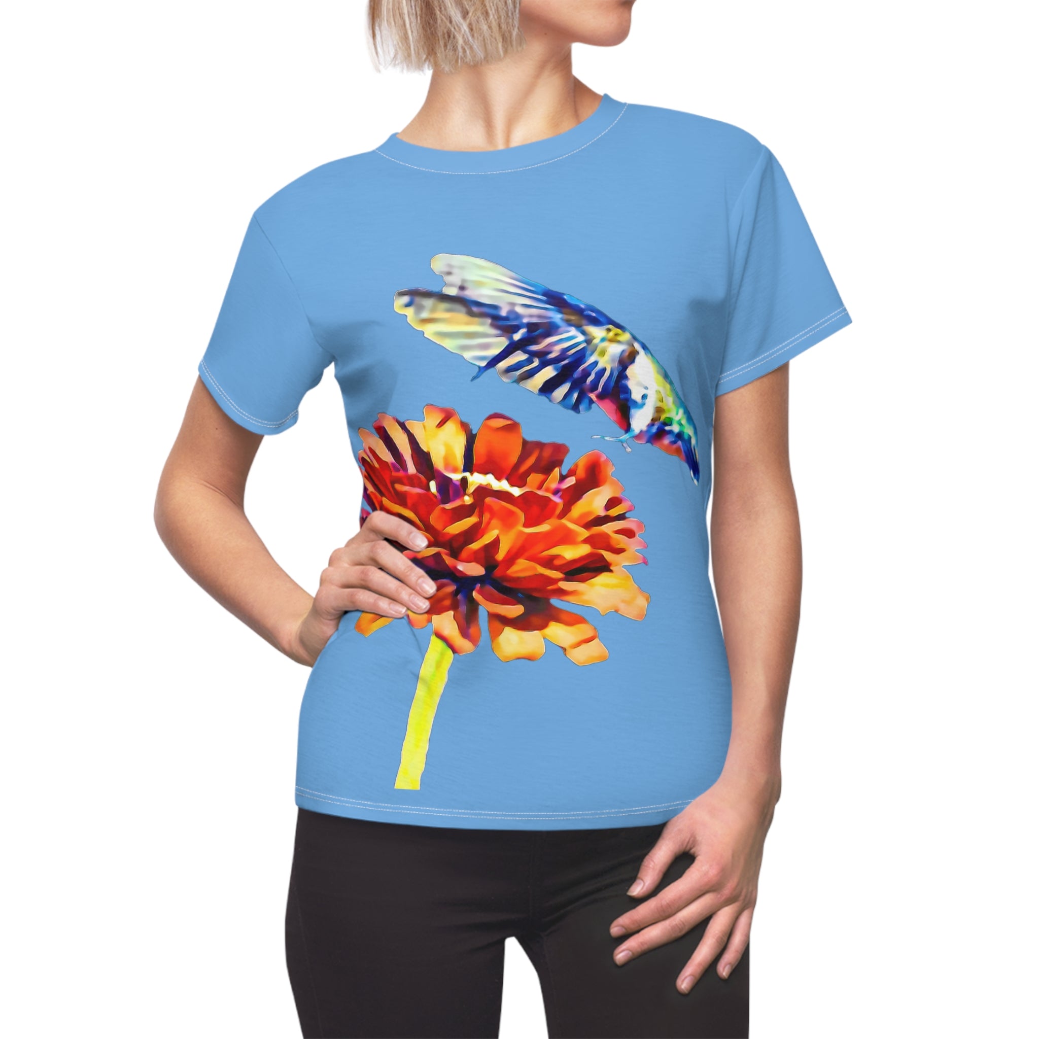 Women's Cut & Sew Hummingbird Wings Up Light Blue Tee (AOP 1)