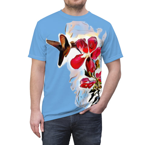 Unisex Cut & Sew Hummingbird Red Rosa Light Blue Tee (AOP 1)