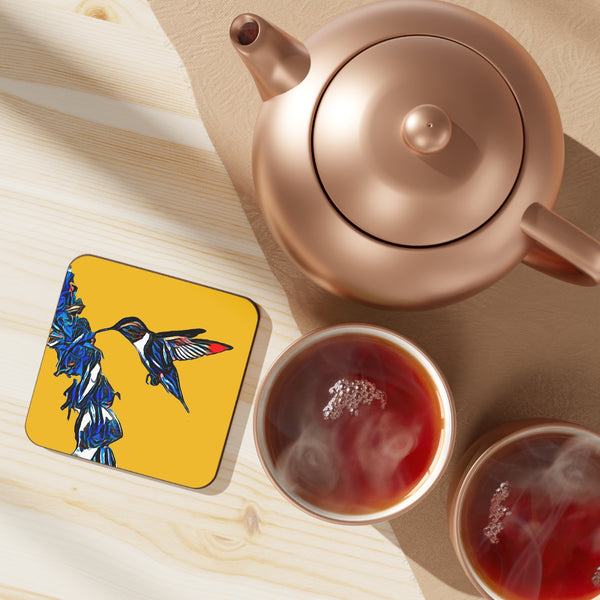 Hummingbird Blue Stick Yellow Hardboard Back Coaster