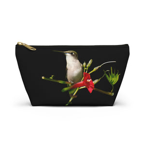 Hummingbird Red Bloom Black Accessory Pouch w T-bottom