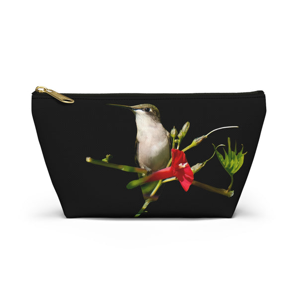 Hummingbird Red Bloom Black Accessory Pouch w T-bottom