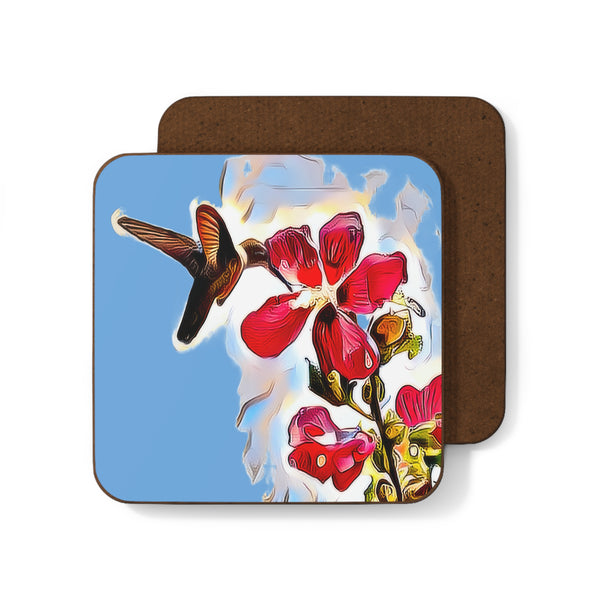 Hummingbird Red Rosa Light Blue Hardboard Back Coaster