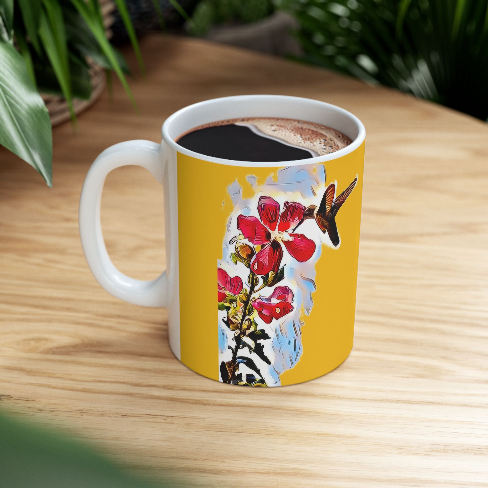 Hummingbird Red Rosa Yellow Ceramic Mug 11oz