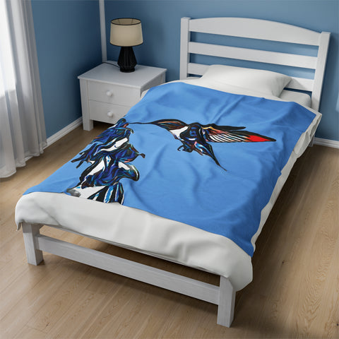 Hummingbird Blue Stick Light Blue Velveteen Plush Blanket