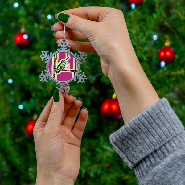 Hummingbird Gaze Pewter Neat Pink Snowflake Ornament