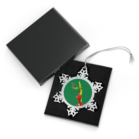 Hummingbird Gladiolus Pewter Green Snowflake Ornament