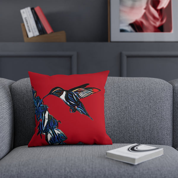 Hummingbird Blue Stick Red Cushion