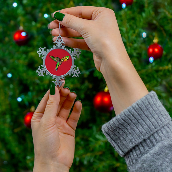 Hummingbird Emerald Sip Pewter Red Snowflake Ornament