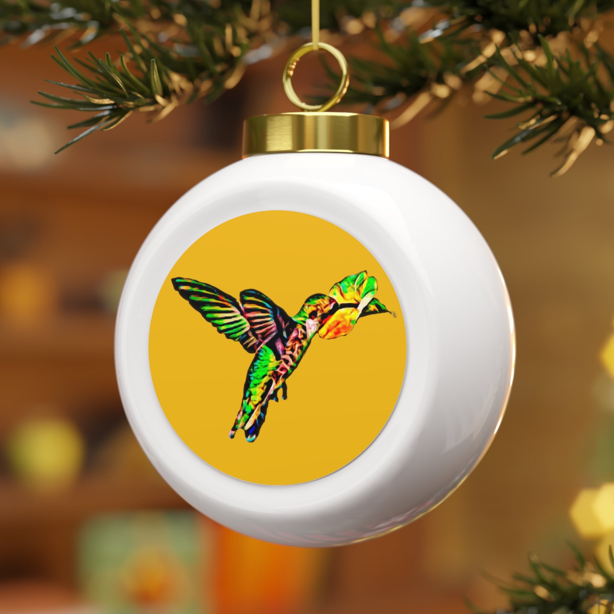 Hummingbird Emerald Sip Yellow Ornament