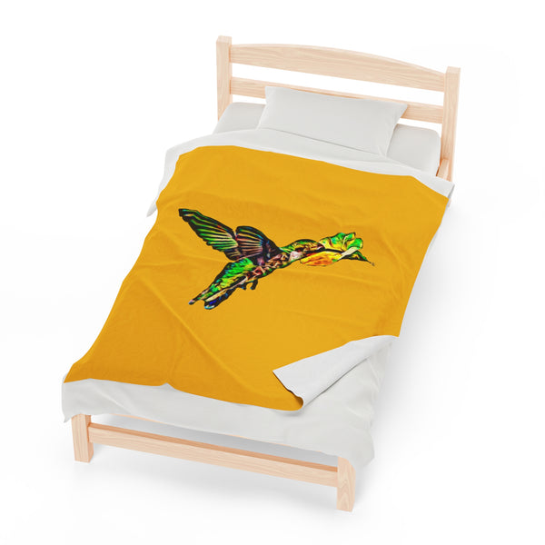 Hummingbird Emerald Sip Yellow Velveteen Plush Blanket