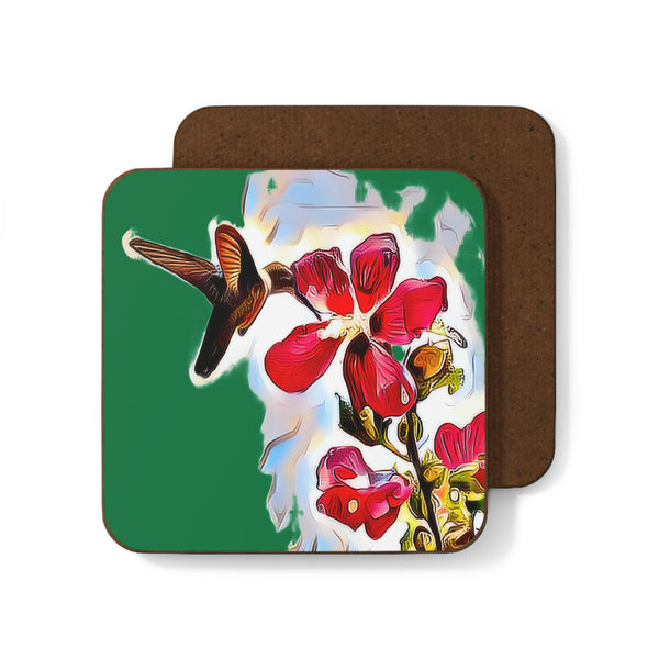 Hummingbird Red Rosa Green Hardboard Back Coaster