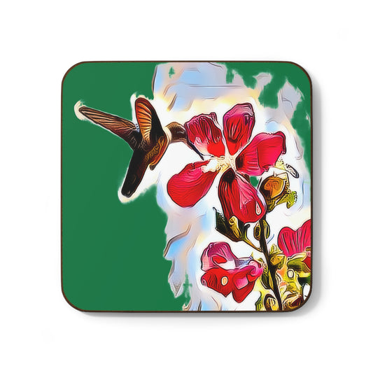 Hummingbird Red Rosa Green Hardboard Back Coaster
