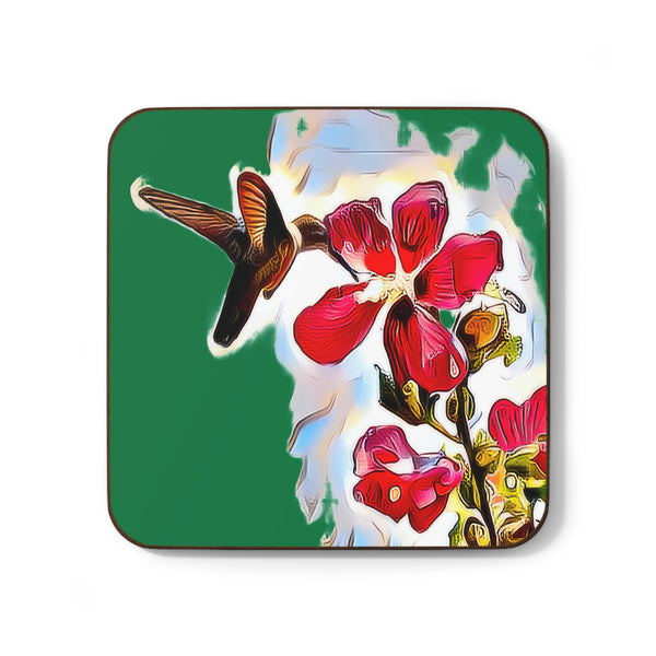 Hummingbird Red Rosa Green Hardboard Back Coaster