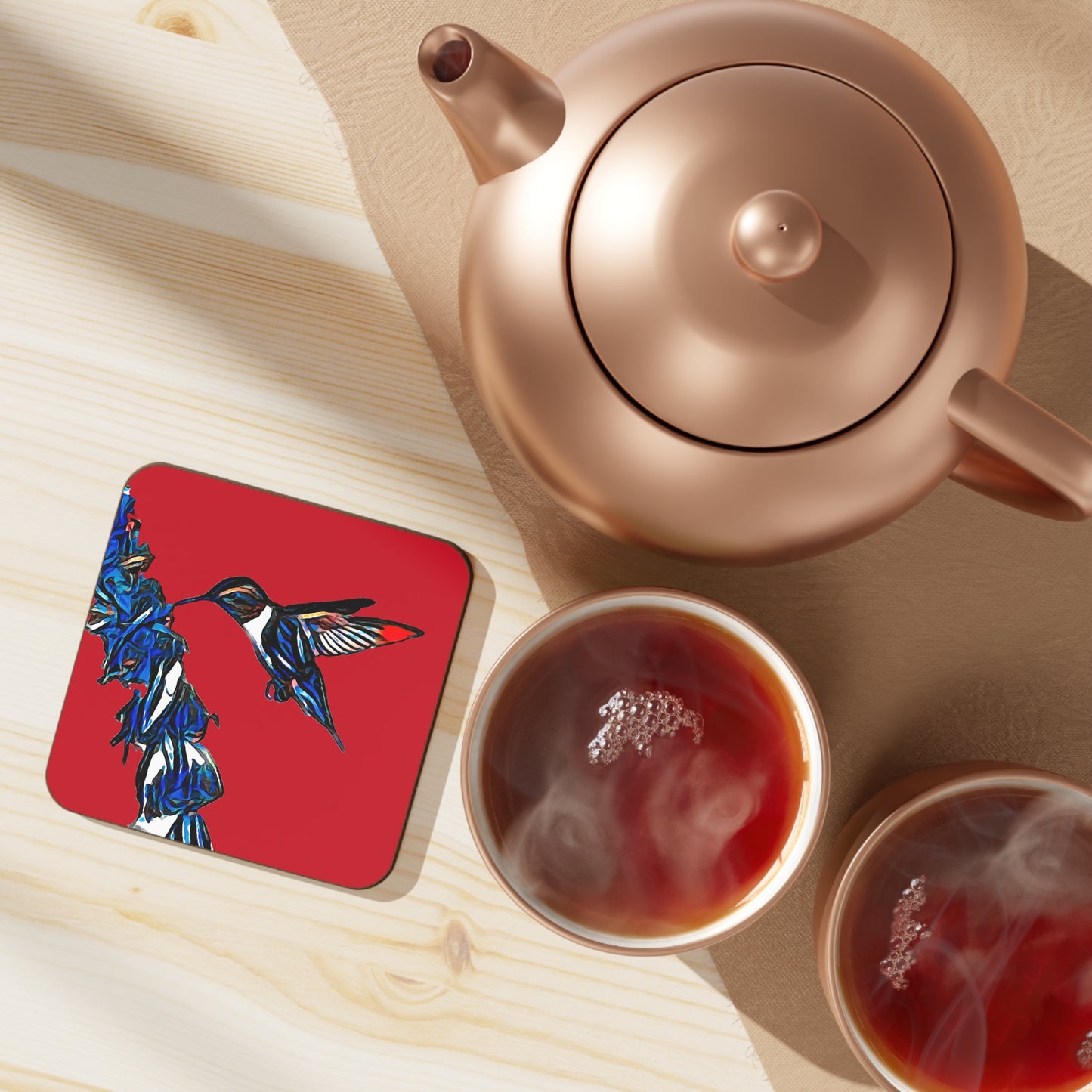 Hummingbird Blue Stick Red Hardboard Back Coaster