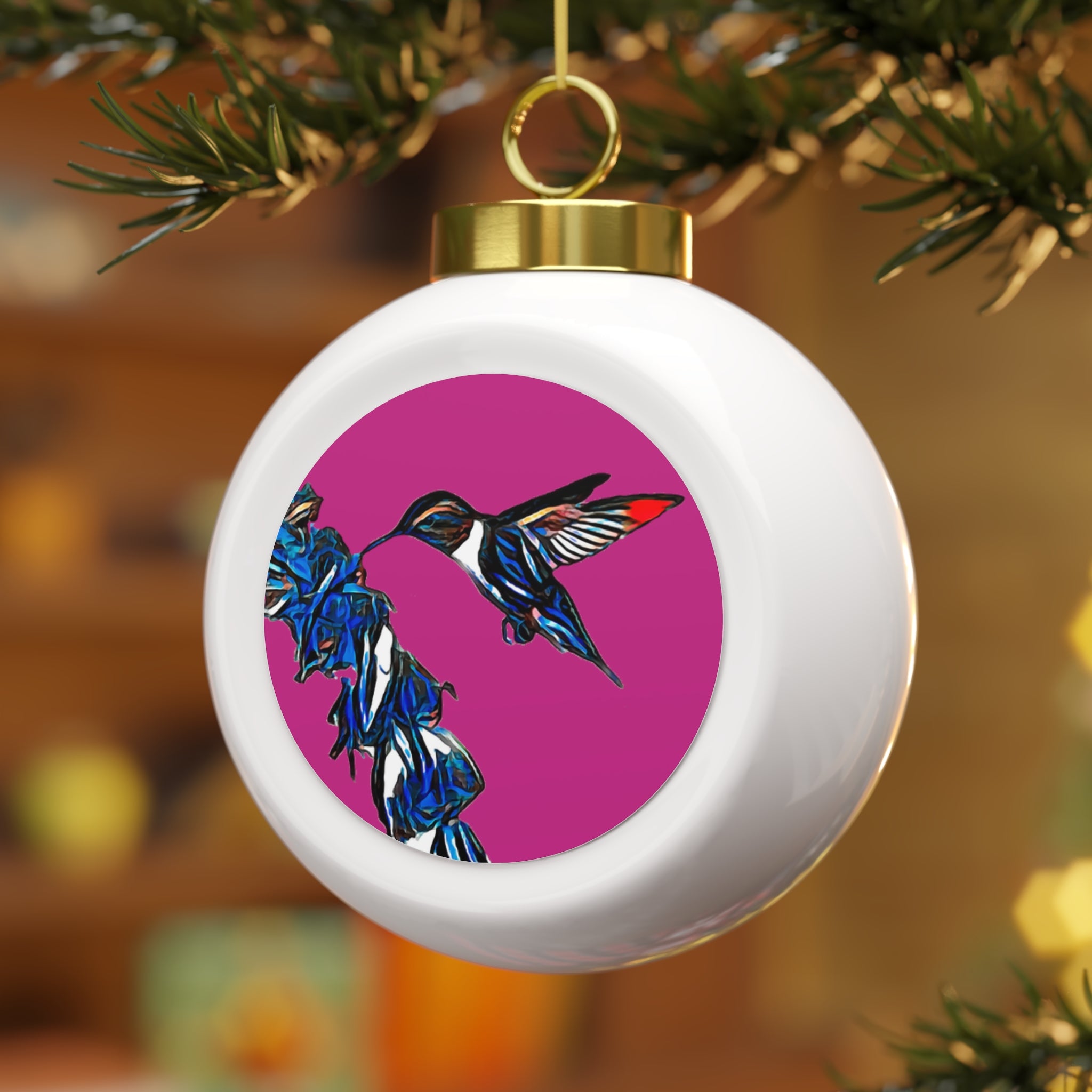 Hummingbird Blue Stick Neat Pink Ball Ornament