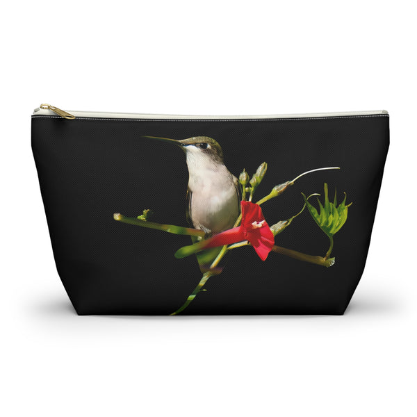 Hummingbird Red Bloom Black Accessory Pouch w T-bottom