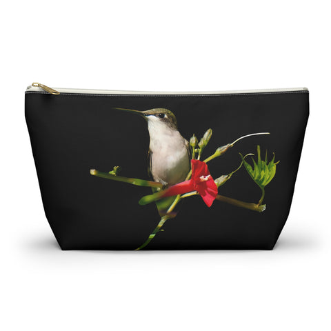 Hummingbird Red Bloom Black Accessory Pouch w T-bottom