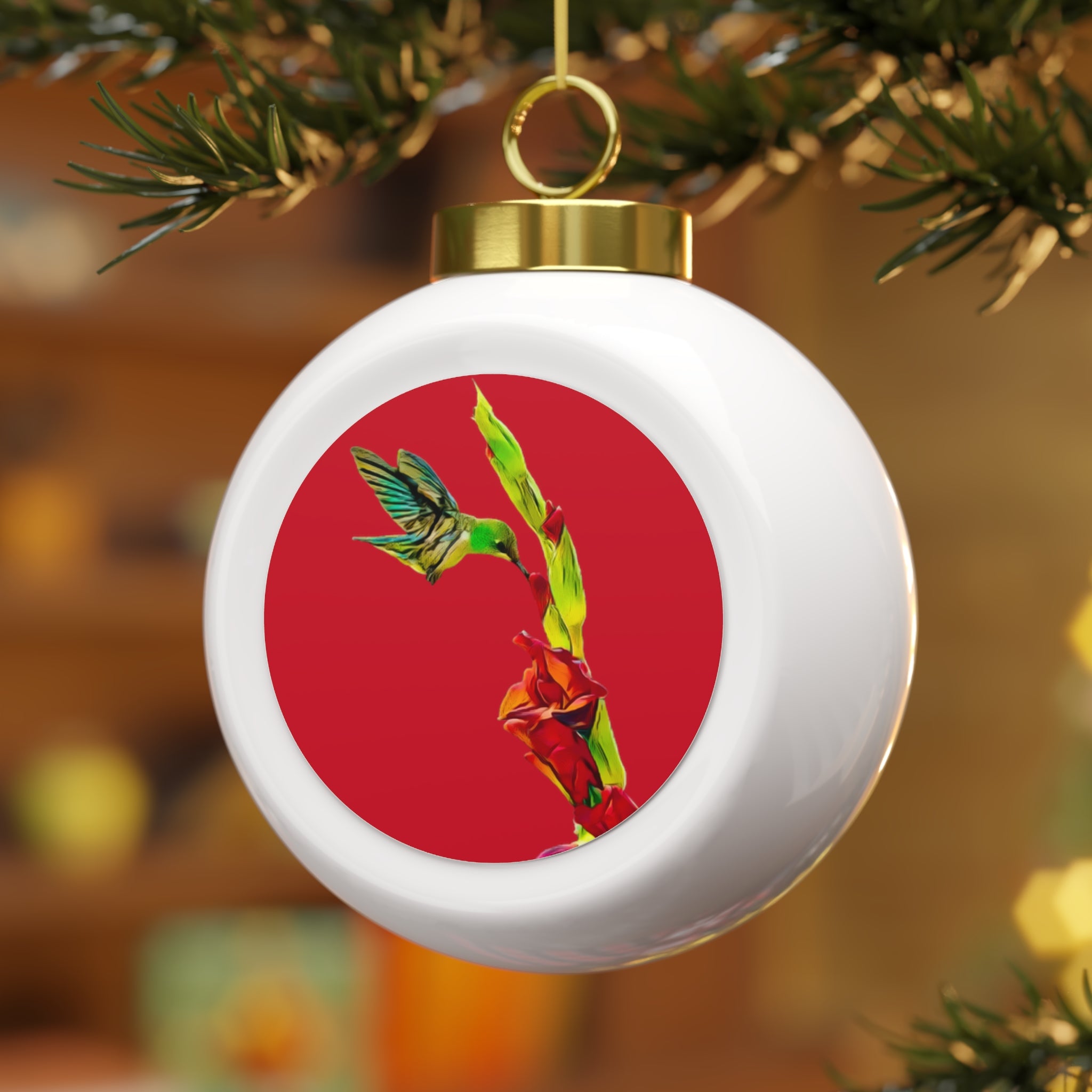 Hummingbird Gladiolus Red Ball Ornament