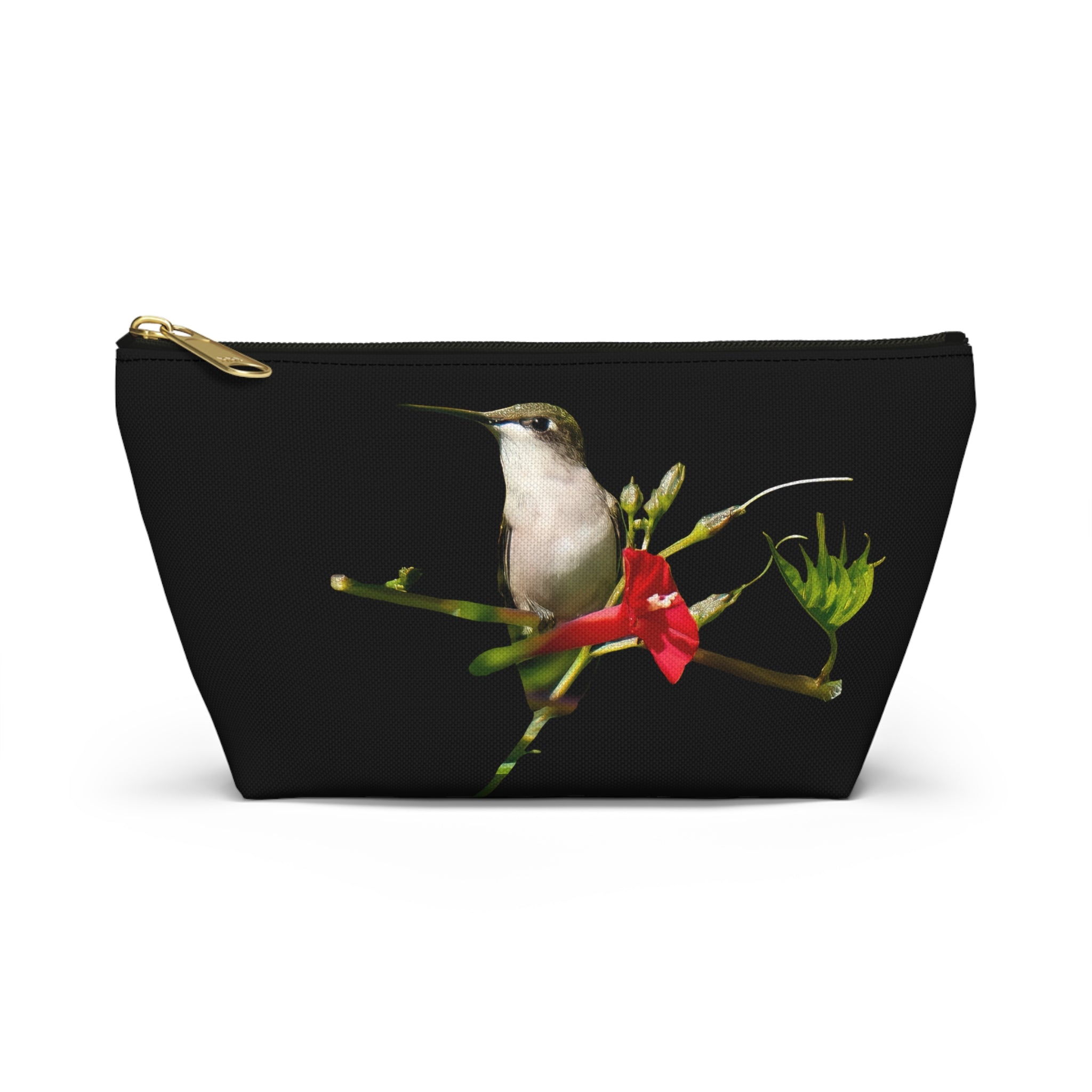 Hummingbird Red Bloom Black Accessory Pouch w T-bottom