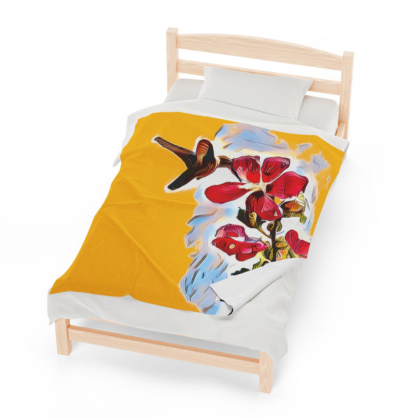 Hummingbird Red Rosa Yellow Velveteen Plush Blanket