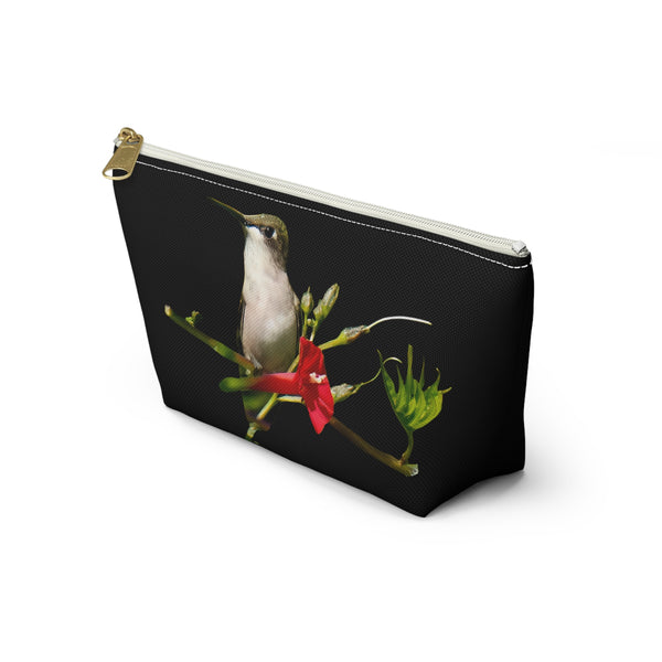 Hummingbird Red Bloom Black Accessory Pouch w T-bottom