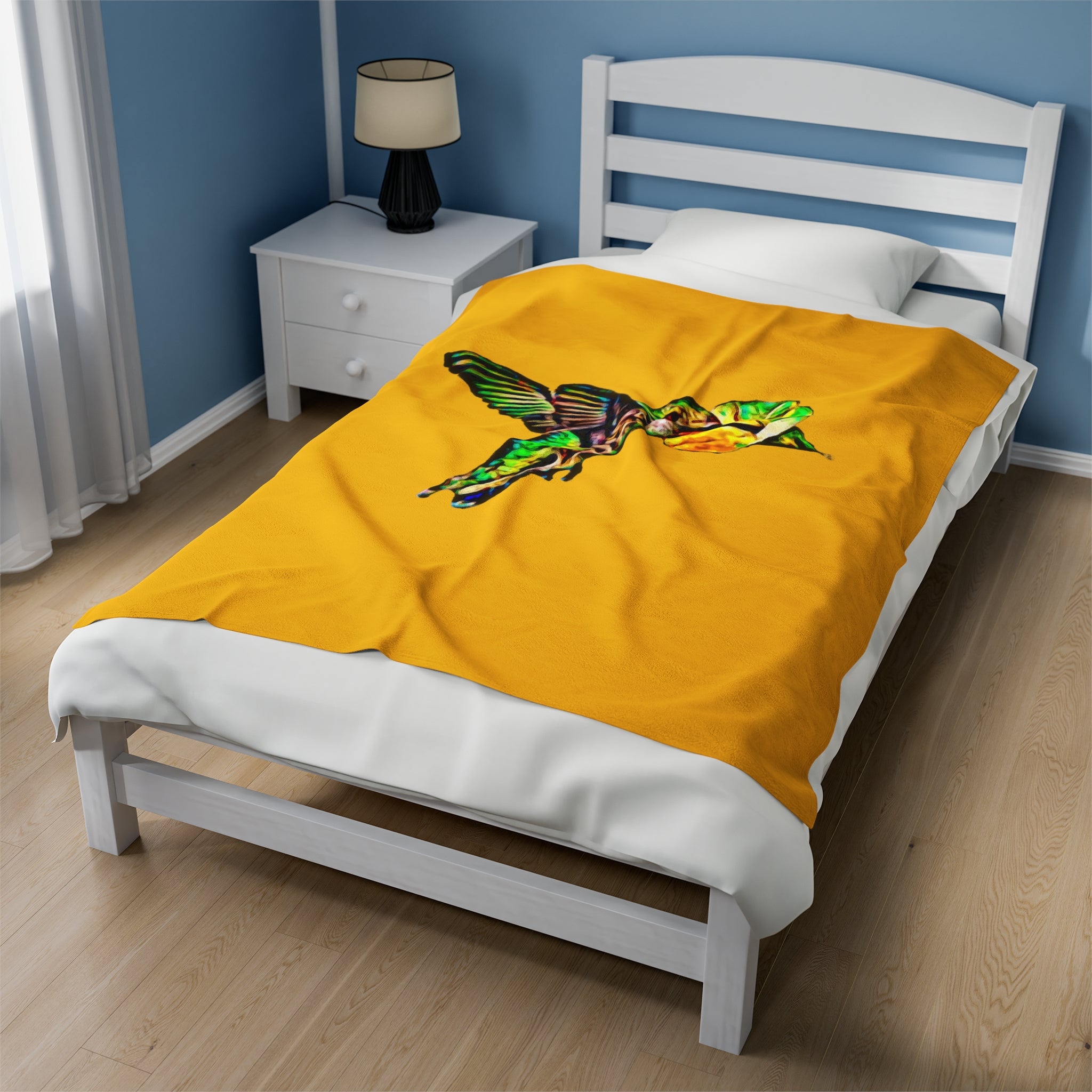 Hummingbird Emerald Sip Yellow Velveteen Plush Blanket