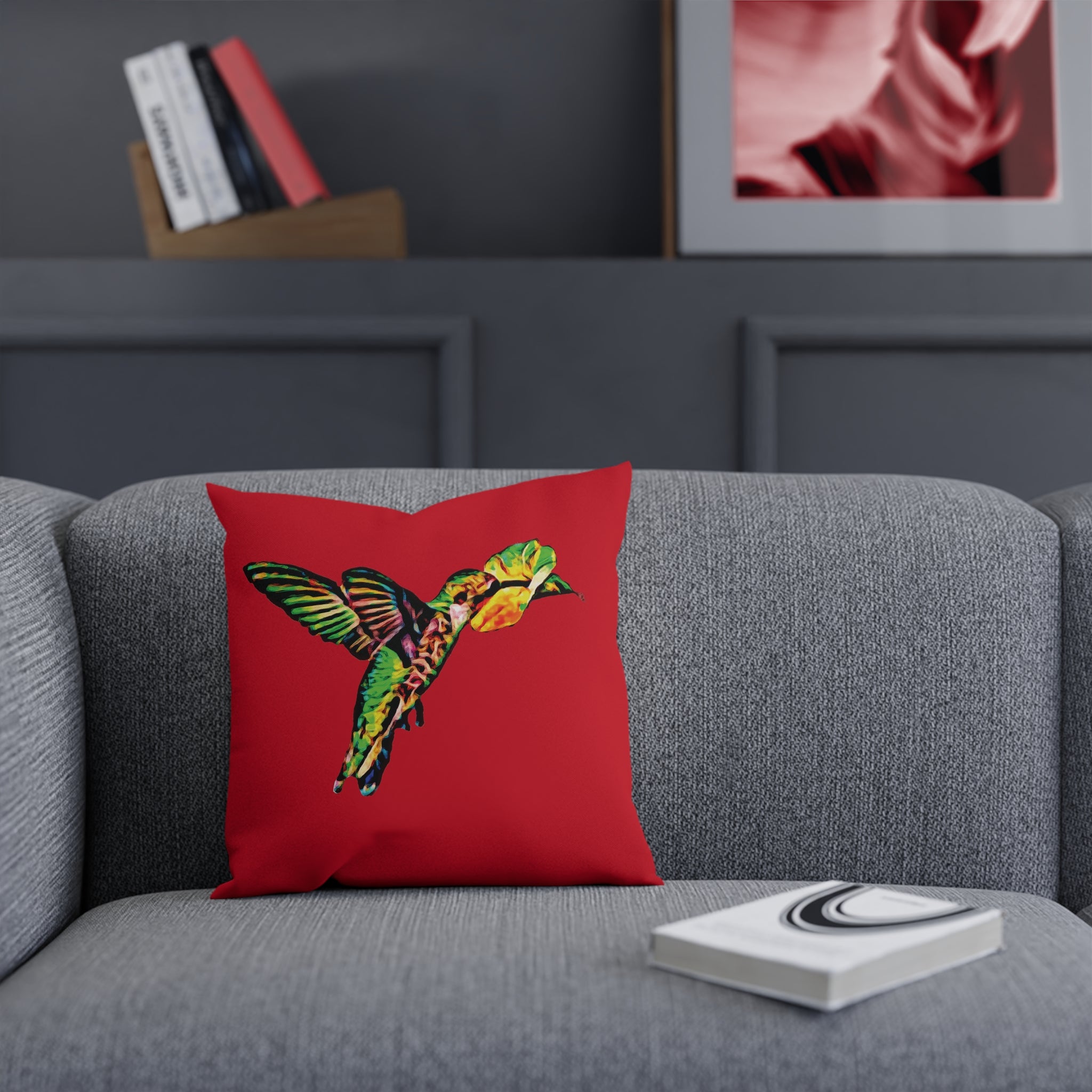 Hummingbird Emerald Sip Red Cushion