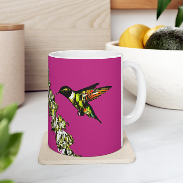 Hummingbird Stick Neat Pink Ceramic Mug 11oz