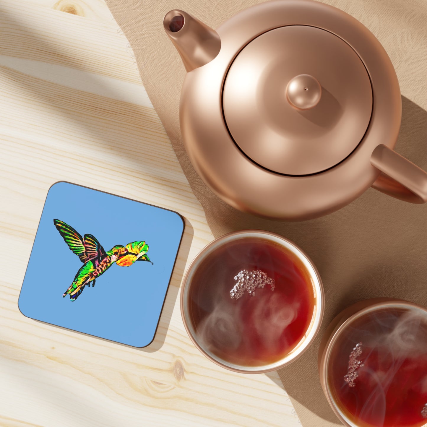 Hummingbird Emerald Sip Light Blue Hardboard Back Coaster