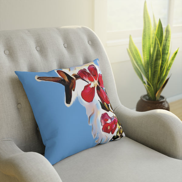 Hummingbird Red Rosa Light Blue Cushion