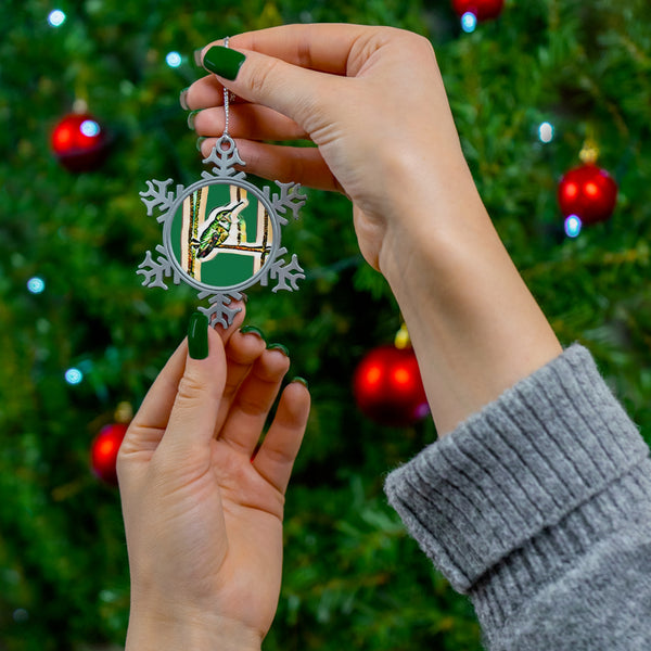 Hummingbird Gaze Pewter Green Snowflake Ornament