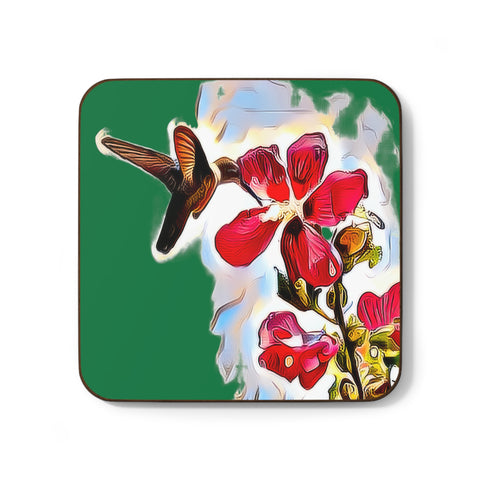 Hummingbird Red Rosa Green Hardboard Back Coaster