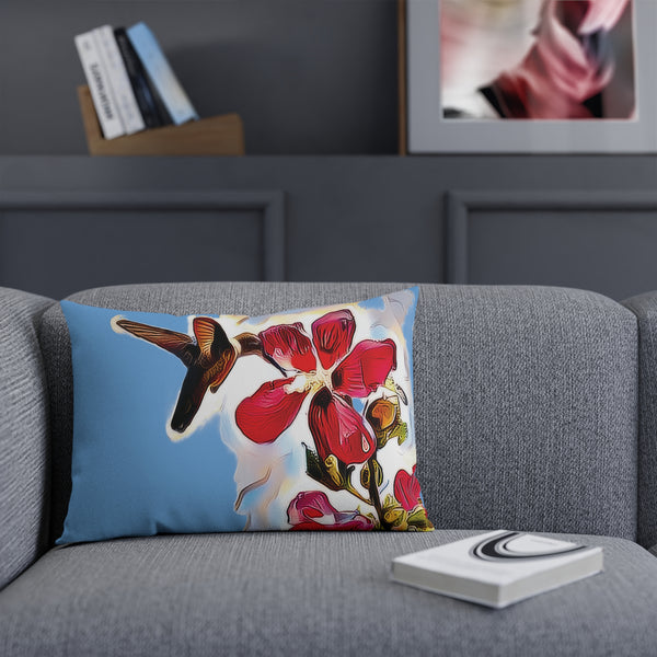 Hummingbird Red Rosa Light Blue Cushion