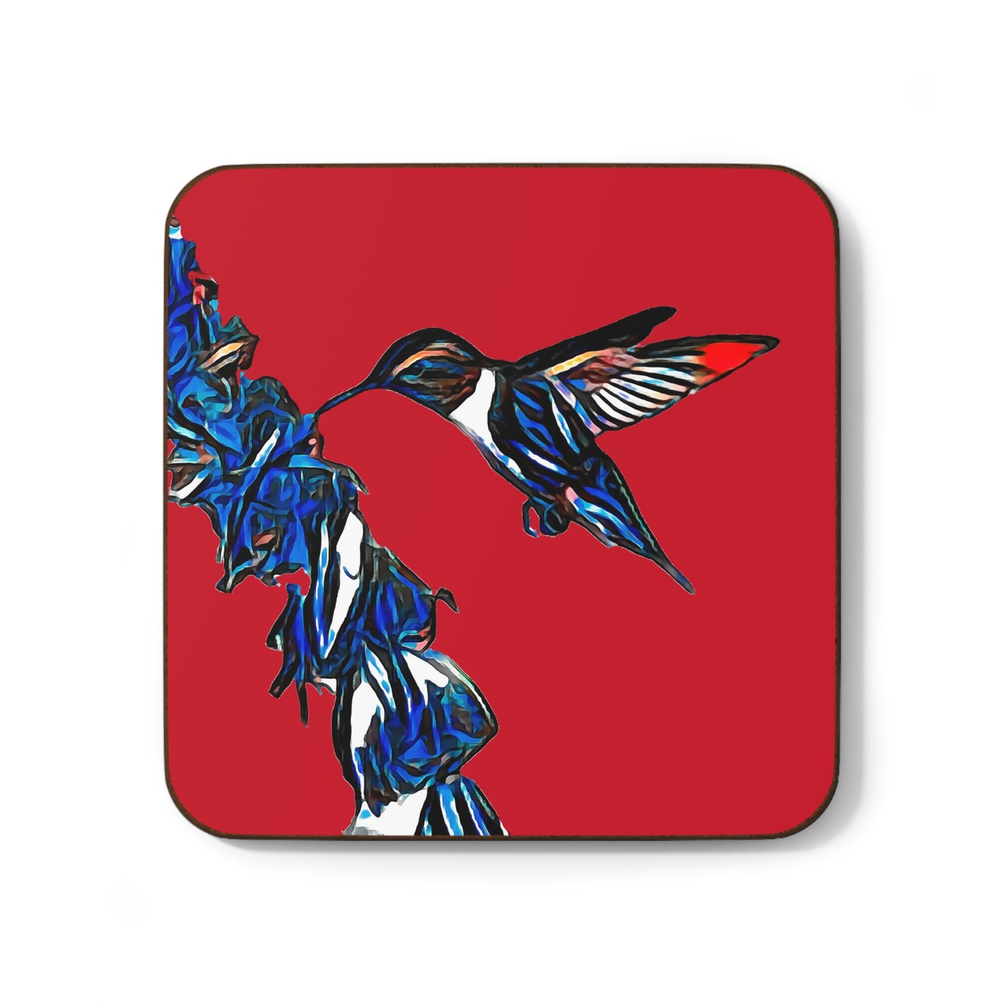 Hummingbird Blue Stick Red Hardboard Back Coaster