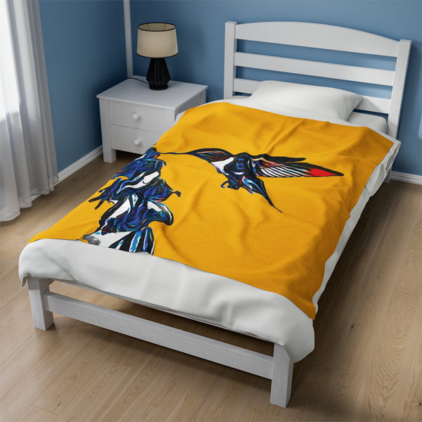 Hummingbird Blue Stick Yellow Velveteen Plush Blanket