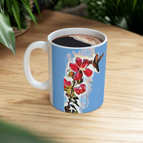 Hummingbird Red Rosa Light Blue Ceramic Mug 11oz