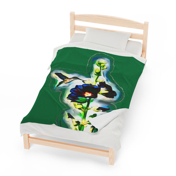 Hummingbird Standing Green Velveteen Plush Blanket