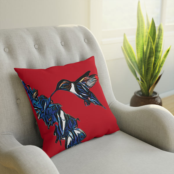 Hummingbird Blue Stick Red Cushion