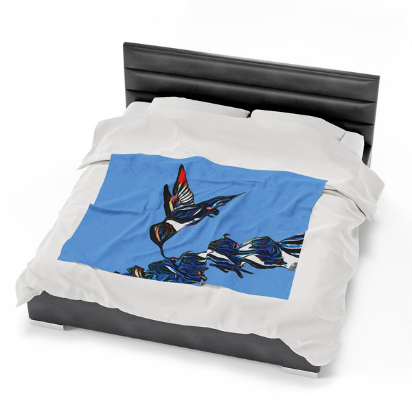 Hummingbird Blue Stick Light Blue Velveteen Plush Blanket