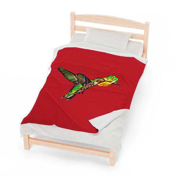 Hummingbird Emerald Sip Red Velveteen Plush Blanket