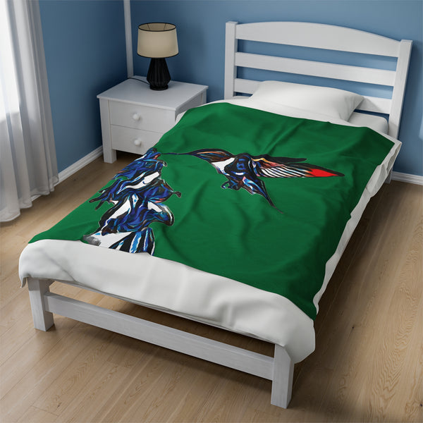 Hummingbird Blue Stick Green Velveteen Plush Blanket