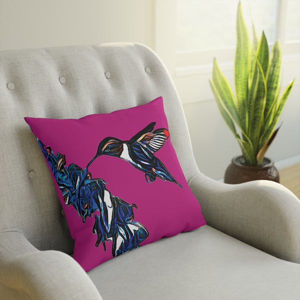 Hummingbird Blue Stick Neat Pink Cushion