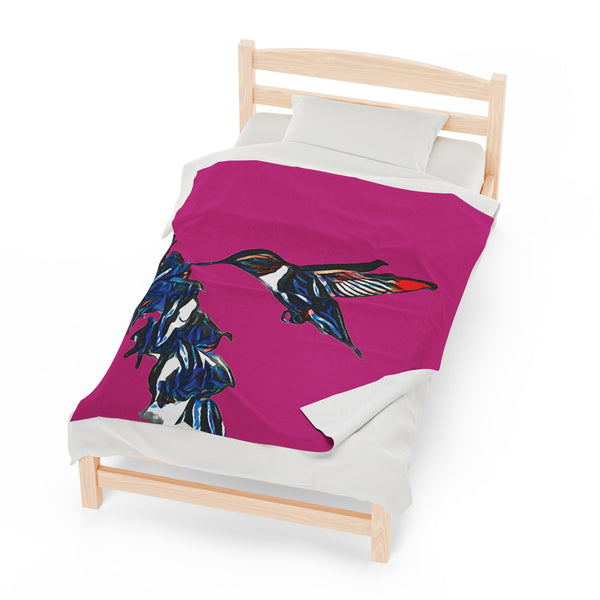 Hummingbird Blue Stick Neat Pink Velveteen Plush Blanket